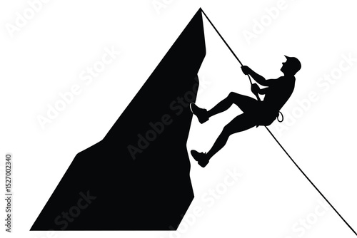 Silhouette of Rock Climber Rappelling Down a Mountain with Rope and Harness in Black and White