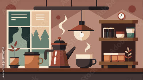 The aroma of freshly brewed coffee from the inhouse café fills the air of this shared studio space.. Vector illustration