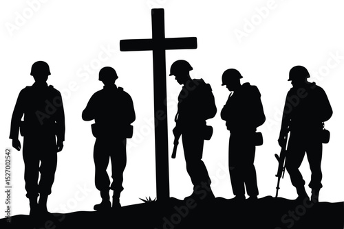 Silhouette of Soldiers at a Cross Military Remembrance and Respect for Fallen Comrades Theme