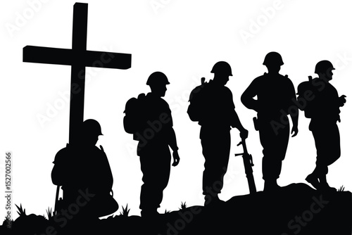 Silhouette of Soldiers at Cross in Remembrance, Memorial Day, Veteran's Day, Military Service, Respect