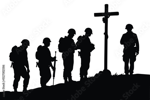 Silhouette of Soldiers at Cross Memorial, War Remembrance, Sacrifice, and Respect