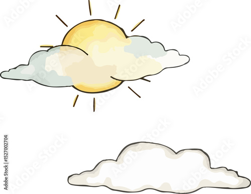 Sun and cloud watercolor vector illustration.