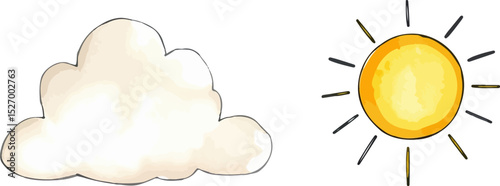 Sun and cloud watercolor vector illustration.