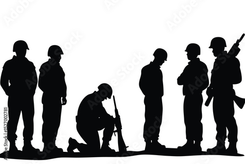 Silhouette of Soldiers Standing, Kneeling, with Rifles, Wearing Helmets, against White Background
