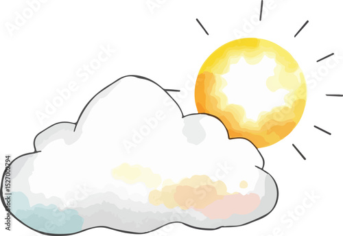 Sun and cloud watercolor vector illustration.