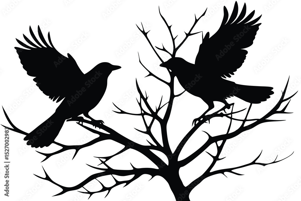 Fototapeta premium Silhouette of Two Birds Perched on Bare Branches, One with Wings Spread