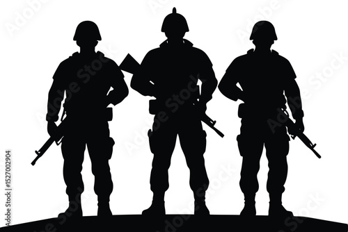 Silhouette of Three Armed Soldiers Standing Guard in Uniform, Holding Rifles Securely