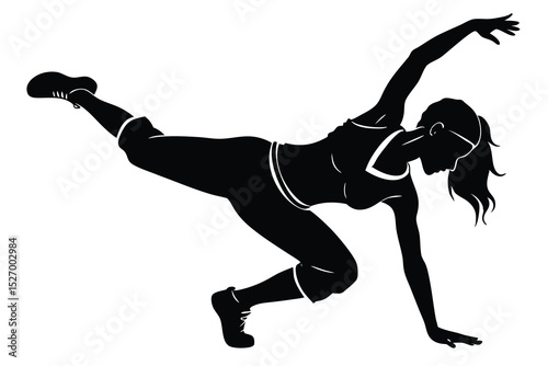 Silhouette of Woman in Dynamic Breakdance Pose with Arm Extended and Leg Up