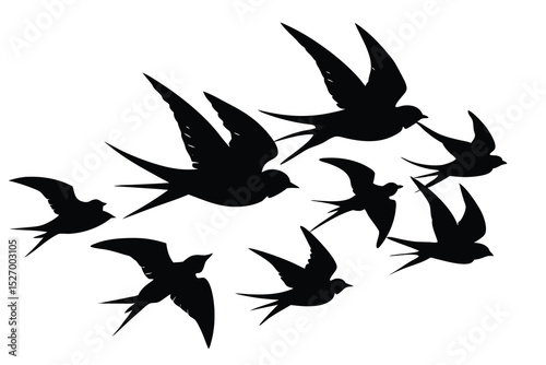 Silhouette Swallows Flying Birds in Flight, Minimalist Design, Illustration, Simple Flock