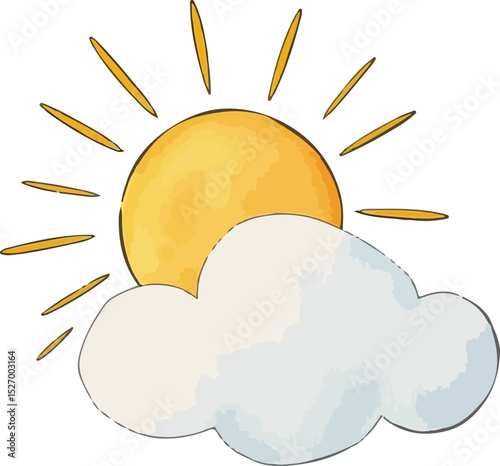 Sun and cloud watercolor vector illustration.