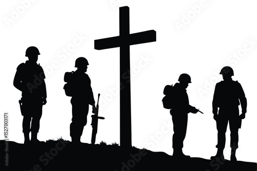 Silhouetted Soldiers Stand Guard Near Christian Cross Memorial on Grassy Hillside