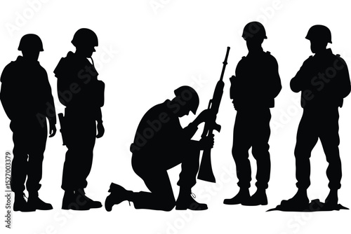 Soldier Silhouette Group Standing Guard and Fallen Comrade with Rifle Tribute