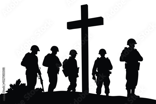 Soldiers in Silhouette Standing by Cross, Remembering Fallen Comrades, Monochrome Military Tribute