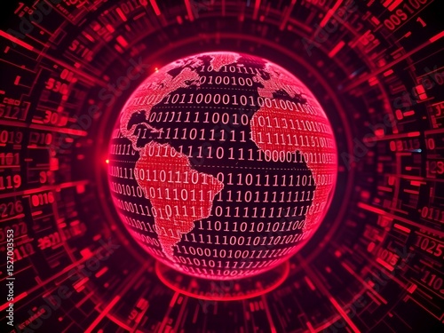 Glowing futuristic globe with binary code and digital data overlay, symbolizing technological interconnectedness and global communication in a digital networked world