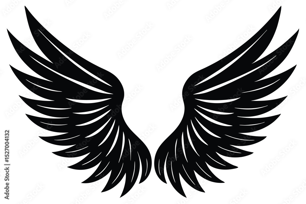 Fototapeta premium Symmetrical Silhouette of Two Spreading Black Wings with Defined Feathers on White Background