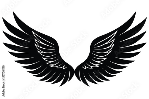 Symmetrical Black Wings Illustration with FeatherLike Details on White Background for Design and Art
