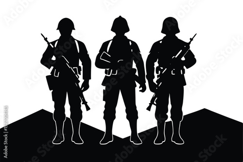 Three Armed Soldiers Silhouette Standing Firm on Black Landscape Against White Background