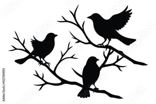 Three Black Bird Silhouettes on Branches, One Taking Flight, on a White Background