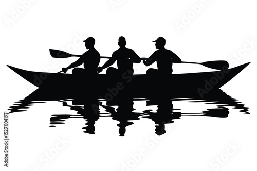 Three People in a Canoe Silhouette with Paddles and Water Reflection