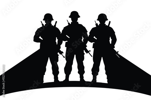 Three Soldiers Silhouetted with Rifles Standing Firmly, Representing Strength and Military Readiness on White Background