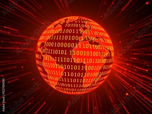 Glowing futuristic globe with binary code and digital data overlay, symbolizing technological interconnectedness and global communication in a digital networked world
