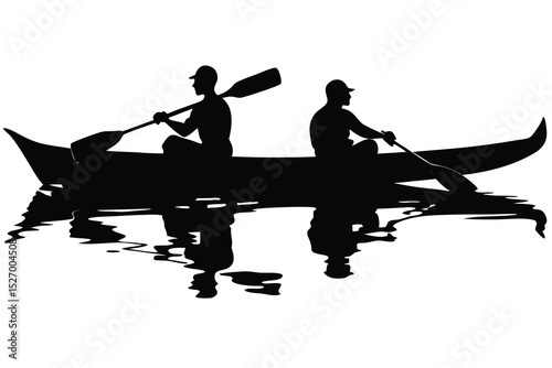 Two Silhouetted People Kayaking on Water with Reflections, Black and White Illustration