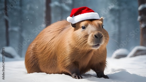 Cute Capybara Wearing Red Santa Hat Festive Christmas Holiday 