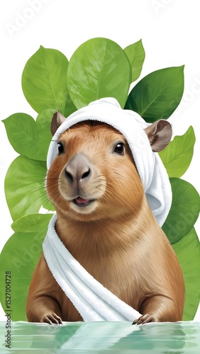 Capybara relaxing in water with towel on head 
