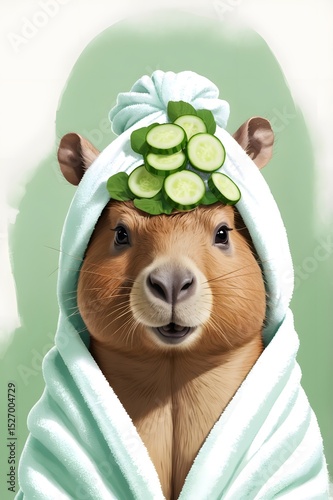 Capybara enjoying spa with cucumber slices 