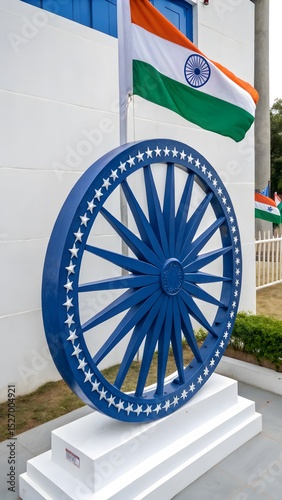 Large blue wheel sculpture with stars next to Indian flag 