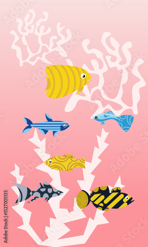 Underwater world in flat style. Marine life.