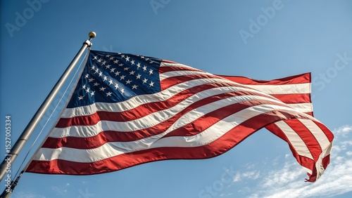 United States flag waving against blue sky 