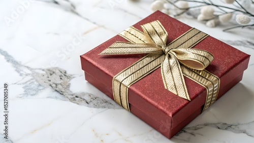 Red Gift Box with Shiny Gold Ribbon Bow on White Marble