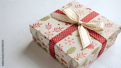 Single Wrapped Gift Box with Red Polka Dot Ribbon and Gold Bow 