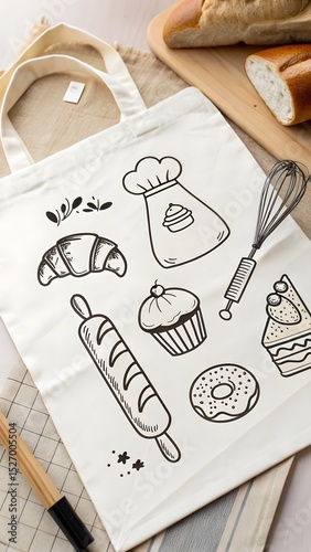White Tote Bag with Baking Utensil Drawings PNG Image  for Bakery Concepts 