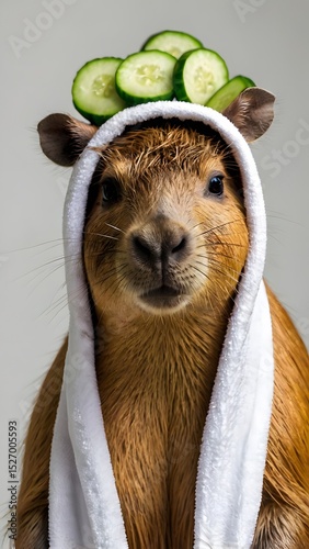 Capybara wearing white towel and cucumber slices  for spa relaxation concept