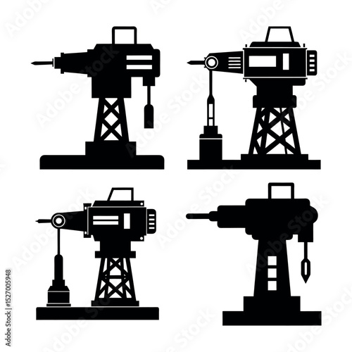 Drilling Machine Black Silhouette Vector Set