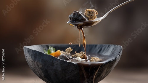 Dark culinary art: a spoonful of rich, dark stew is poured into a rustic bowl.