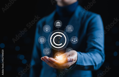 Intellectual Property and Copyright Protection Concept. Copyright icon surrounded by legal, contract, and technology symbols, representing intellectual property, patent rights, and content ownership.