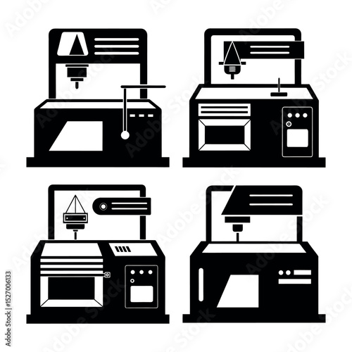 Laser Cutting Machine Black Silhouette Vector Set