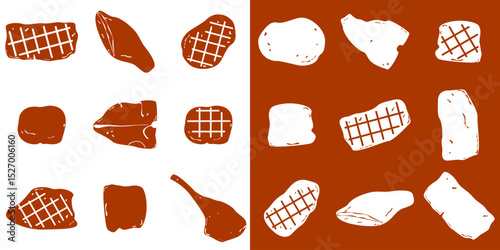 Flat vector barbecue pattern. Grilled meat, steak, various grilling menu, and grilling grid on white and red background. Simple, seamless two-tone design. Suitable for food-themed background print.