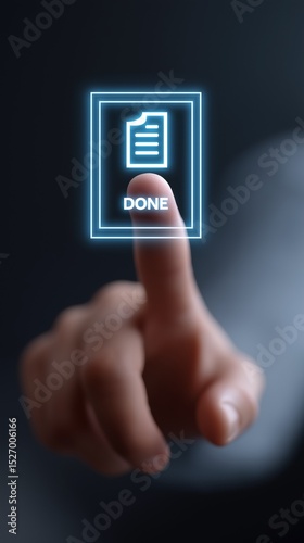 Fingertip touches a glowing digital document, signifying task completion.