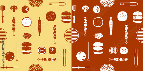 Flat vector barbecue pattern. Grilled meat, hamburger, tongs, fork, and grilling grid on a yellow and red background. Simple seamless two tone design. Perfect for food themed background print.