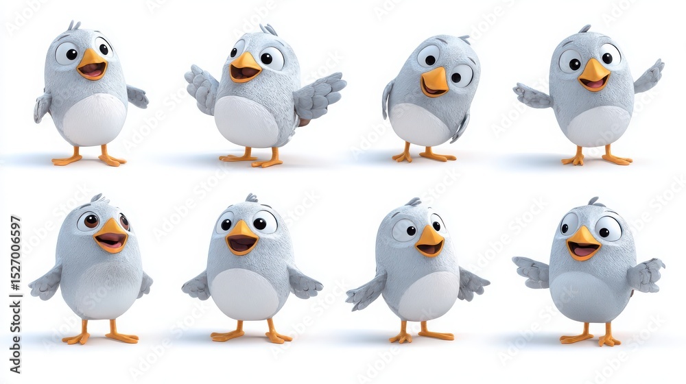 Fototapeta premium Cartoon bird character rendered in various poses on white background