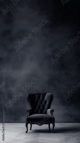 An ornate black armchair with tufted upholstery sits on a light wood floor against a dark, cloudy textured wall. Copyspace. Generative AI
