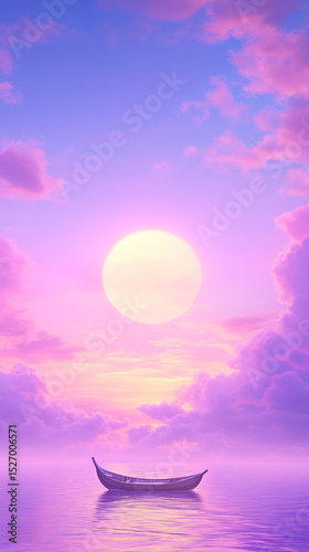 Dreamy sunset boat ride on tranquil waters. Peaceful sky reflecting serenity in the clouds. Beautiful artistic poster, wallpaper. Generative AI