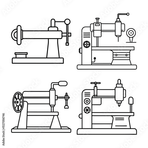 Outline of Lathe Machine Line Art Vector Set