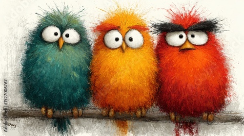 Three fluffy Birds with expressive eyes sit on a branch together