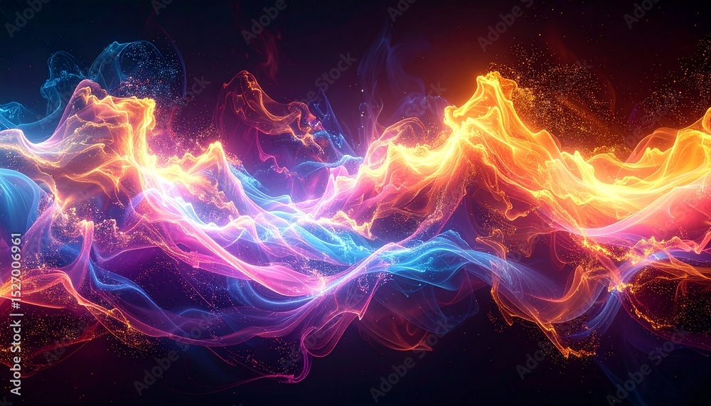 Fototapeta premium adiating clouds of glowing rainbow fog roll over flat surface, producing organic waves and sparkling motion bursts 