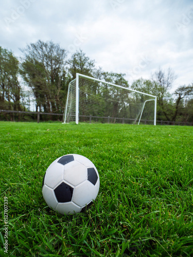 Classic style soccer or football on neatly cut green grass with small training goal posts in the background. Play area in a park. Sport and entertainment concept.